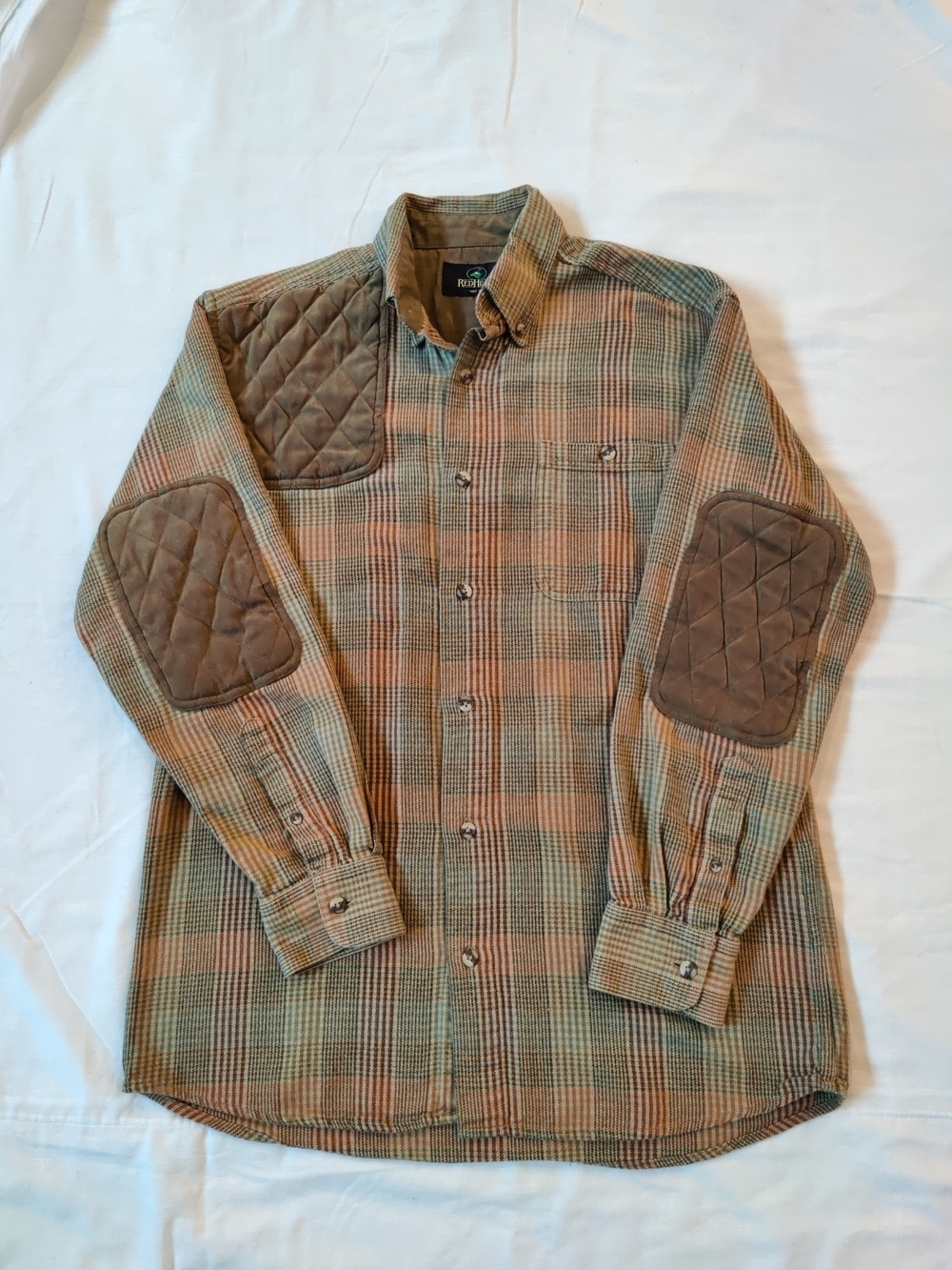 Vintage Plaid Quilted Elbow Patch Button-Up Shirt - Brown/Green/Orange